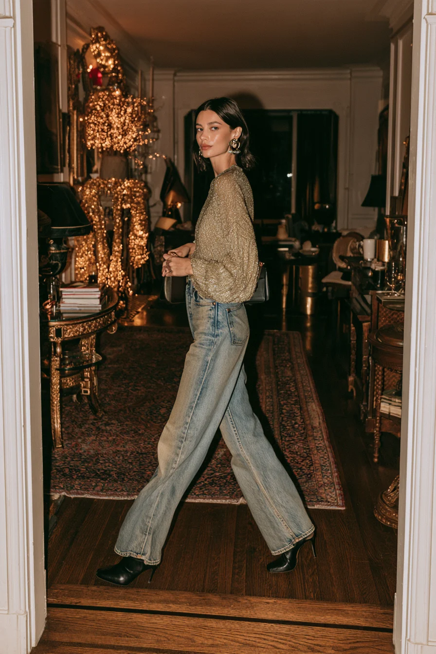 27 Casual New Years Eve Outfits To Try 23 wide leg denim metallic sweater style 1