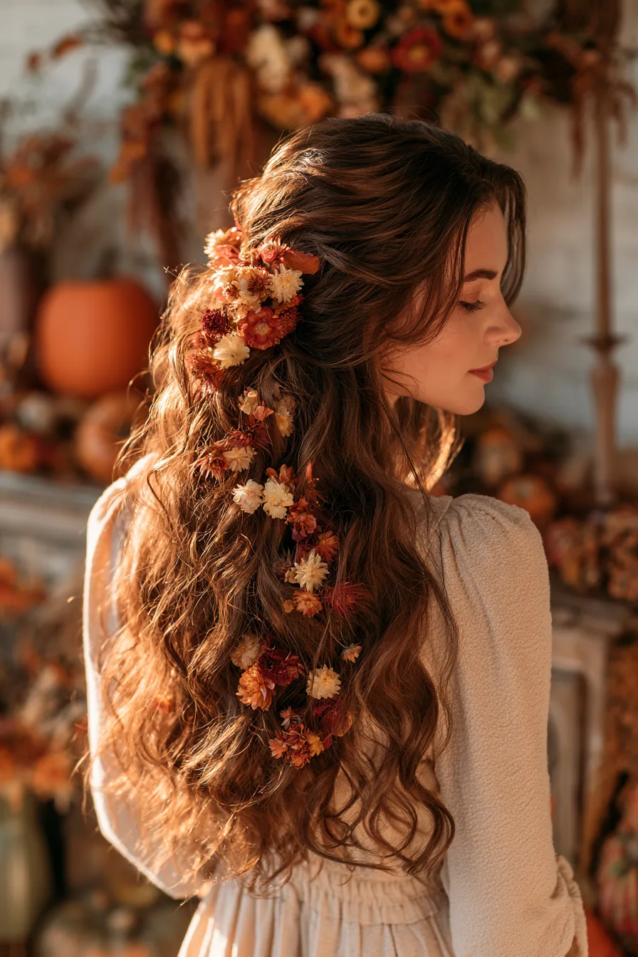 27 Gorgeous Thanksgiving Hairstyles to Make Your Holiday Look Extra Special 24 whimsical autumn flower hairstyle