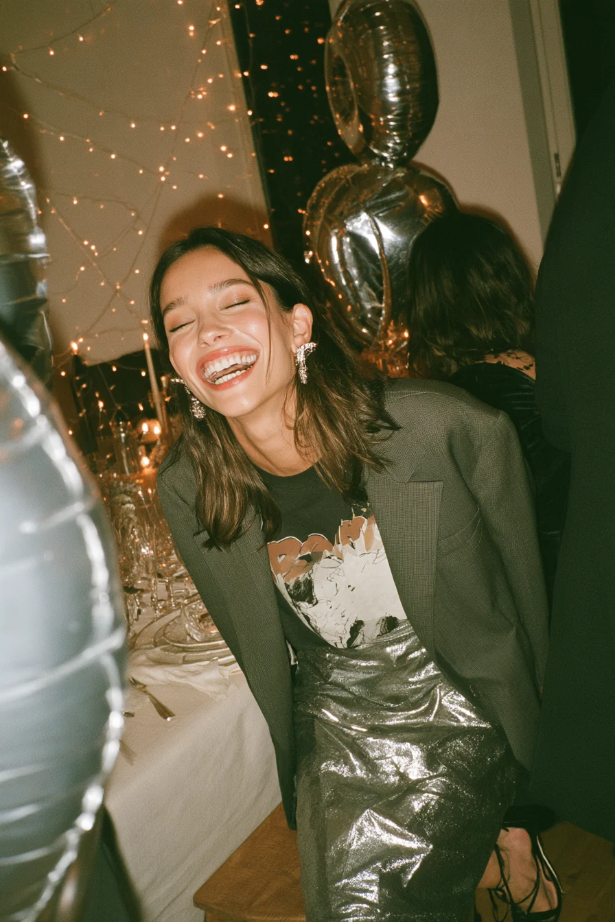 27 Casual New Years Eve Outfits To Try 7 playful graphic tee and metallic skirt style 1