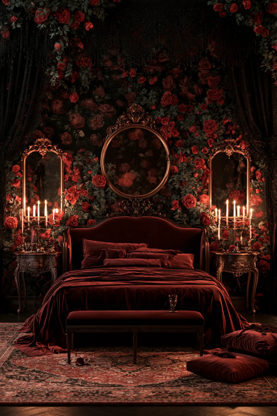 27 Witchy Bedroom Ideas for a Magical and Mystical Retreat 16 romantic gothic rose decor 1