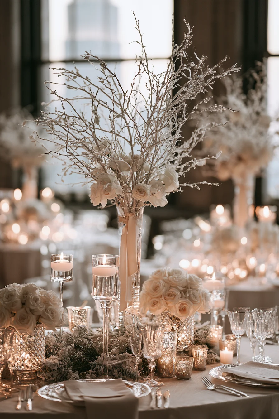 2 frosted rose winter wedding centerpieces 1