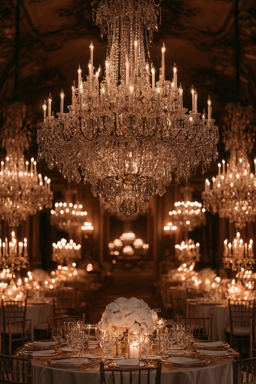 27 Enchanting Castle Wedding Ideas for a Fairytale Celebration 23 sparkling crystal chandelier wedding decor 1