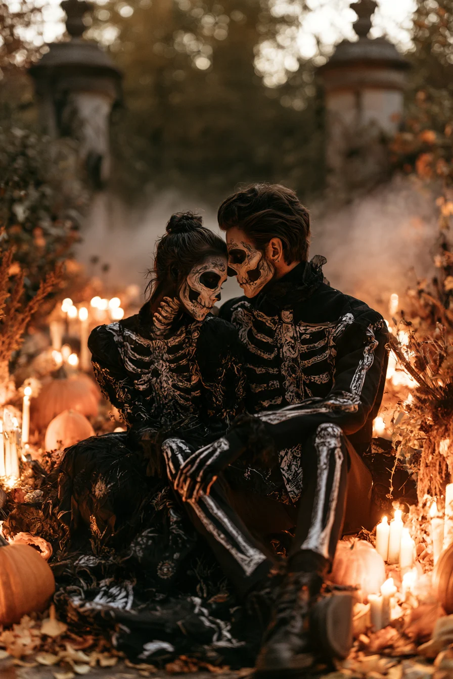 27 Easy Couple Halloween Costumes That Are Cute Creative and Fun 26 dramatic skeleton couple costume ideas 1