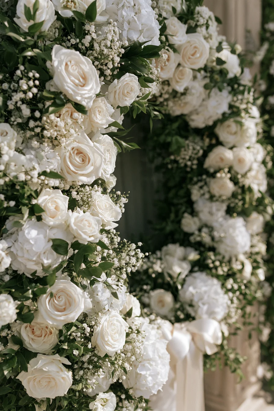 27 Beautiful Wedding Wreath Ideas for a Romantic Celebration 4 classic white rose wedding decor 2