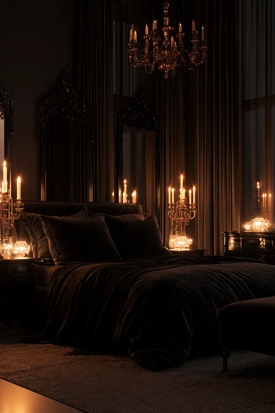 27 Witchy Bedroom Ideas for a Magical and Mystical Retreat 5 black velvet witchy sanctuary 1