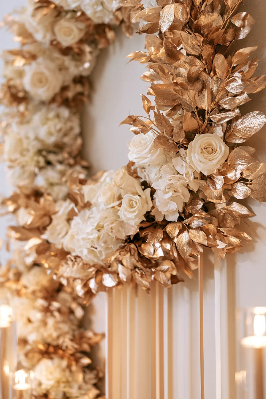 27 Beautiful Wedding Wreath Ideas for a Romantic Celebration 9 luxurious gold floral accents 2