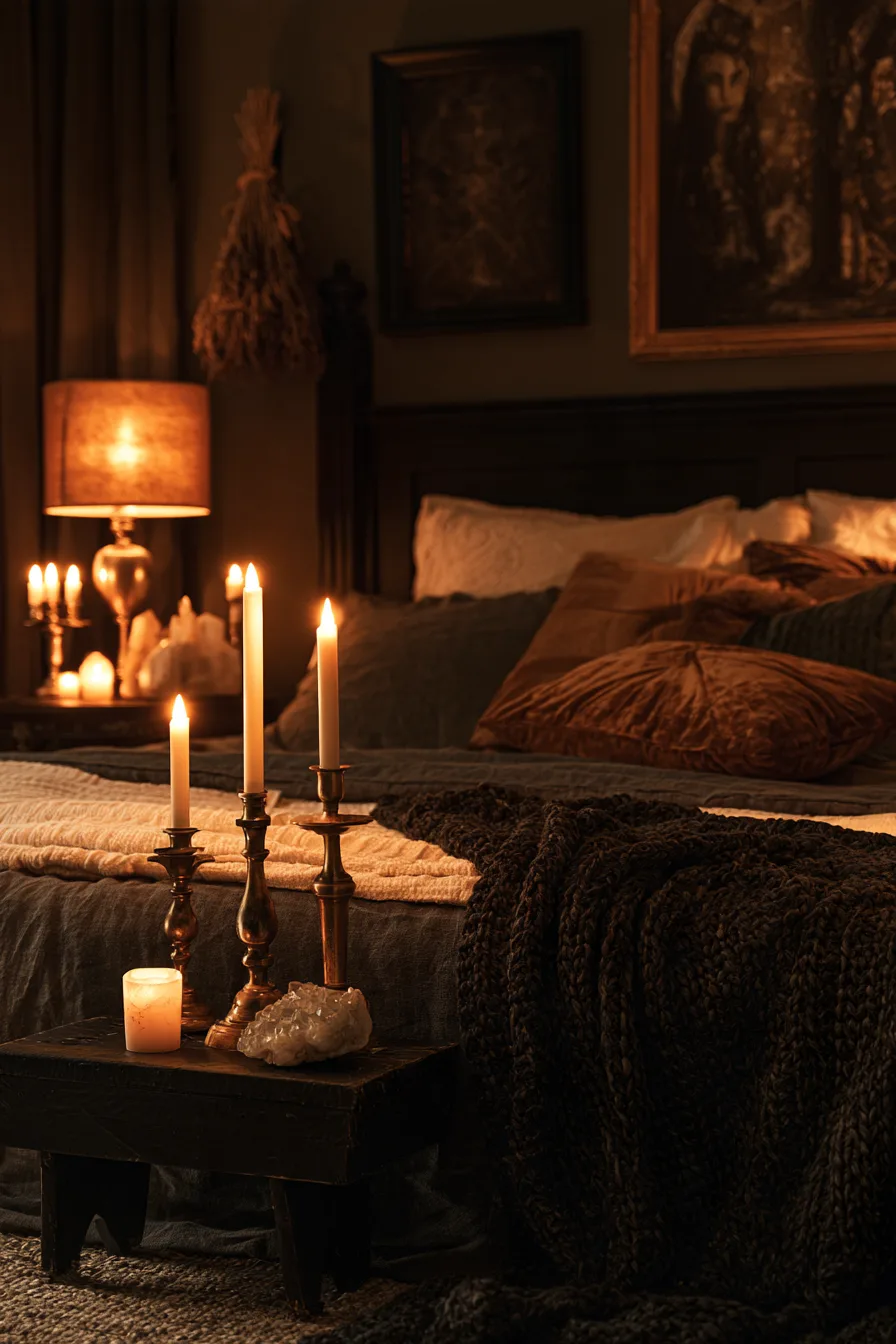 27 Witchy Bedroom Ideas for a Magical and Mystical Retreat 9 warm candlelit bedroom sanctuary 1
